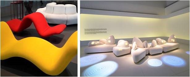 Pierre Paulin, red and yellow couches (left); Setsu & Shinobu Ito ne.mu.ri, white couches with pillows