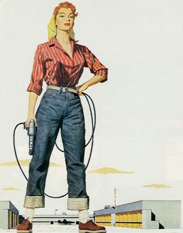 Tall cartoon lady with red and white striped shirt and blue jeans on standing at an airport 