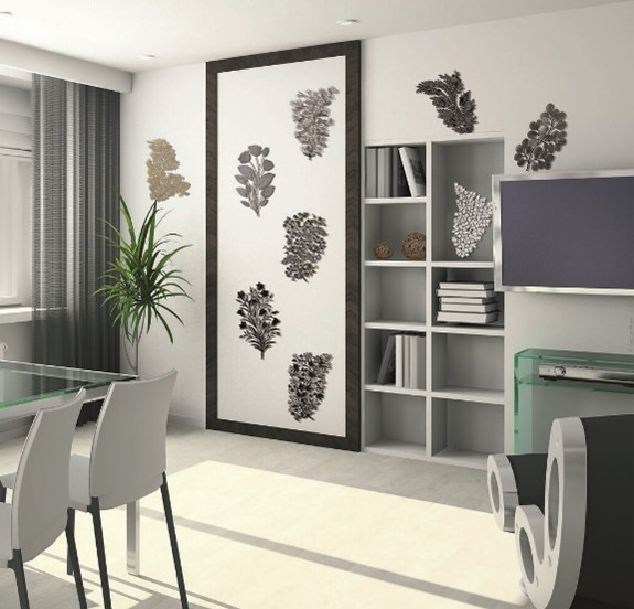 Prototype hotel guest room with grey shelves, glass table, and grey chairs on tan wood floor