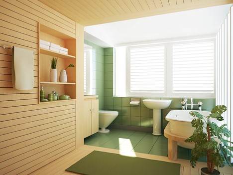 Wood panels in a bathroom with green tiles and lots of lighting with windows