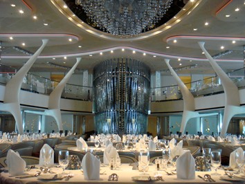 Cruise ship: chandelier, wine bank, and a touch of neon 