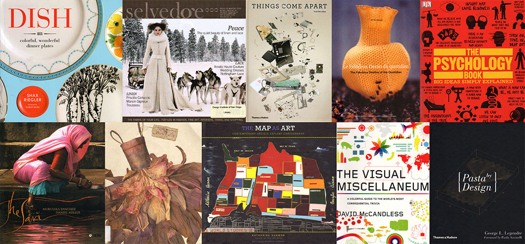 Books and magazines on dishes, textiles, fashion, maps, psychology, and more