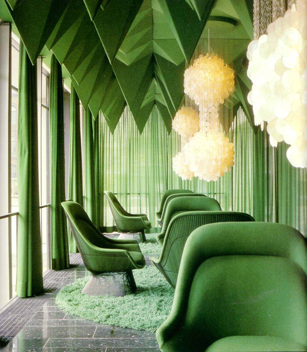 Interior Spaces Perfect for Spring - Partner up some Warren Platner chairs with some Verner Panton chandeliers and you’ve got a winning combination in this green space.