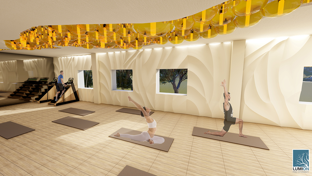 A Lumion rendering from Britnie's winning submission. Shows three models on various exercise stations.