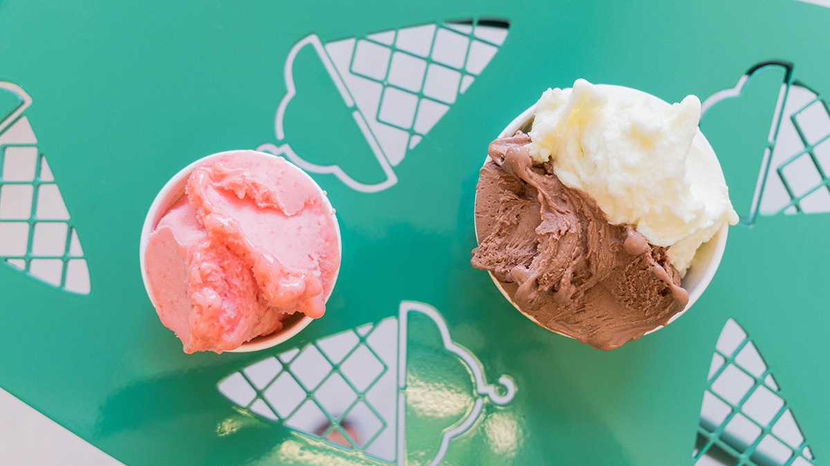 An overhead look at two bowls of gelato from ADC Gelato