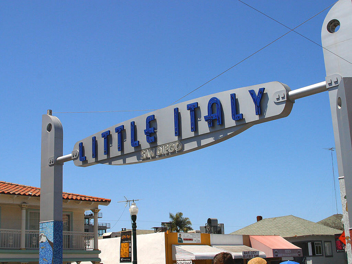 A close up of the Little Italy sign in San Diego