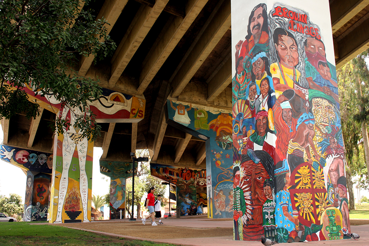 A close up of the murals drawn on the freeway columns in Chicano Park