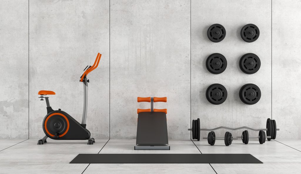 Photo of home gym equipment, used to teach remote online fitness classes.